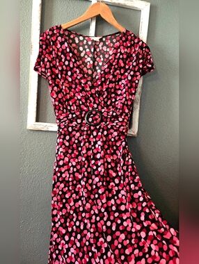Christopher & Banks Pink Polka Dot Faux Wrap Dress - Size Small
